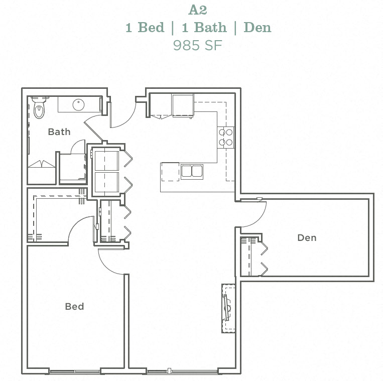 Floor plan for 1 bed, 1 bath, 985 sqft